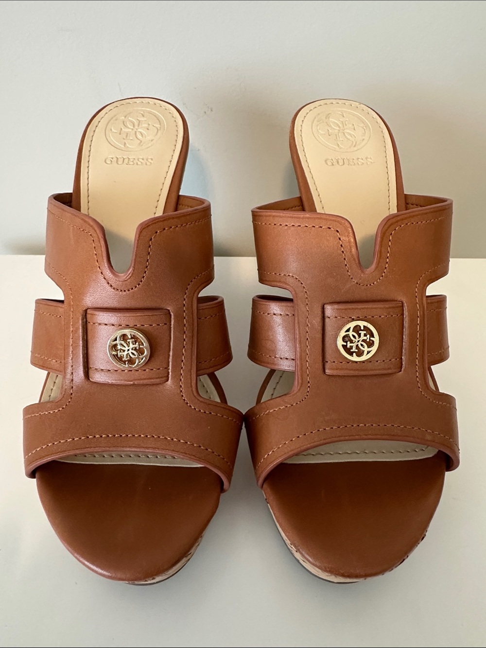 GUESS Tan Brown Leather Slide Mules with Gold Logo
